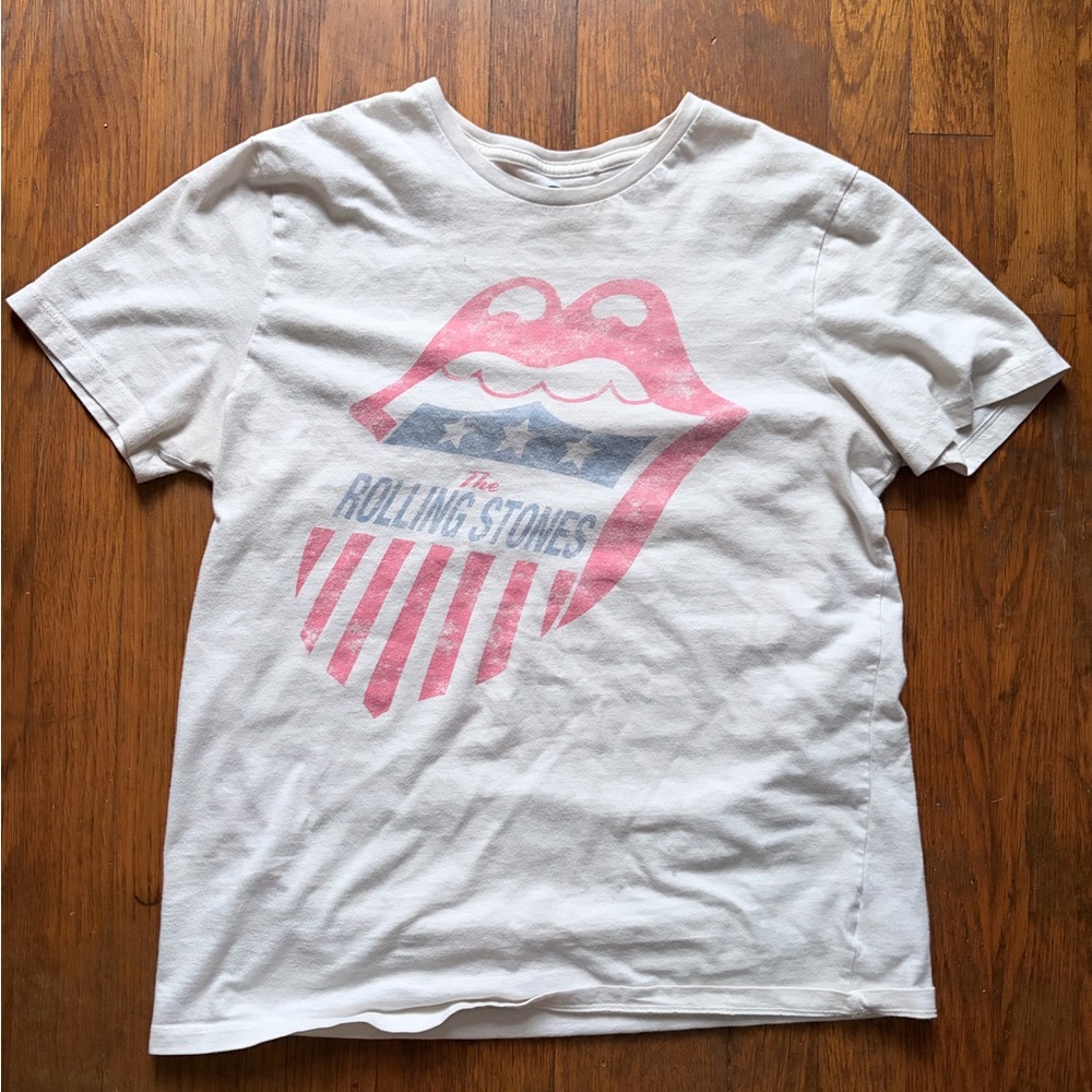 the Rolling Stones White Womens Short Sleeve Tee with Pink & Blue Graphic